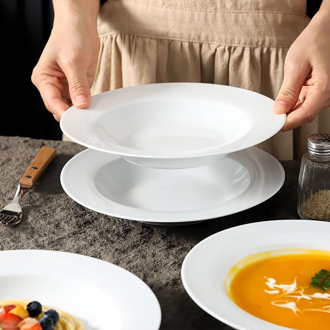 Ceramic Soup Bowls Shallow Plates, Valentine 4 Pack White Dinner Bowls Plates, Porcelain Wide Rim, 8.5 Inch (8.5 oz) Shallow Bowls Ideal for Soup Dessert Salad and Pasta, Microwave and Dishwasher Safe