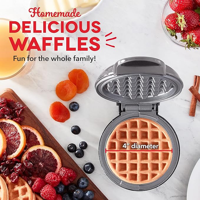 Dash Deluxe Mini Waffle Maker- Compact, Easy-to-Clean Breakfast Appliance - Convenient Cord Wrap - Cleaning Brush Included - 4-Inch - Storm Gray