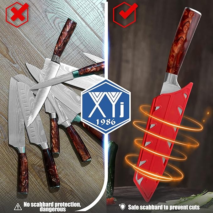 XYJ 2pcs/set Knife Covers Sleeves Knives Edge Guard,Universal Knife Sheath, Santoku Knife Case Blade Guards Protector Red Kitchen Knife Cover Sleeve (For 8" Chef Knife or 7 '' Santoku Knife)