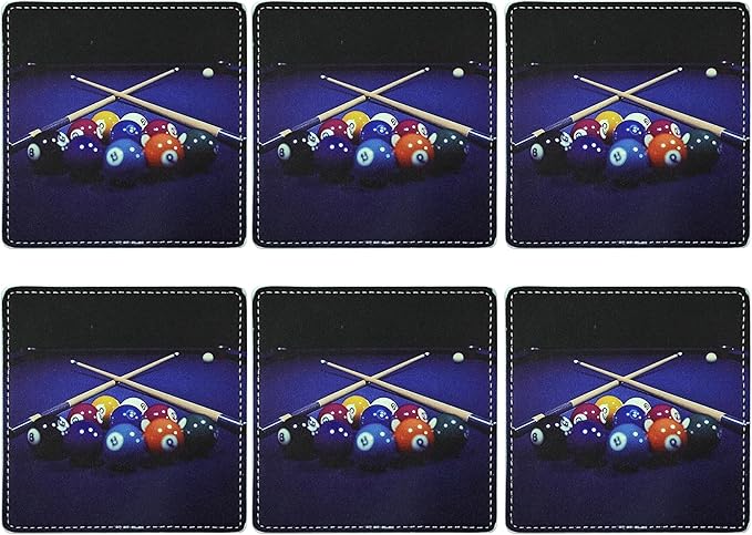 Marble Coasters Square Leather Drinks Coaster Set with Holder for Coffee Table Bar Home Decor 4 Inches Set of 6 (Billiards, One Size)