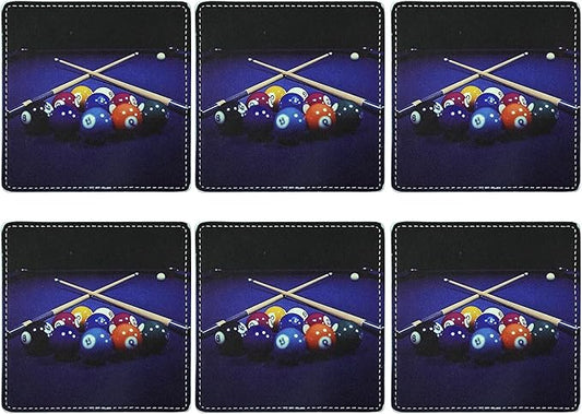 Marble Coasters Square Leather Drinks Coaster Set with Holder for Coffee Table Bar Home Decor 4 Inches Set of 6 (Billiards, One Size)