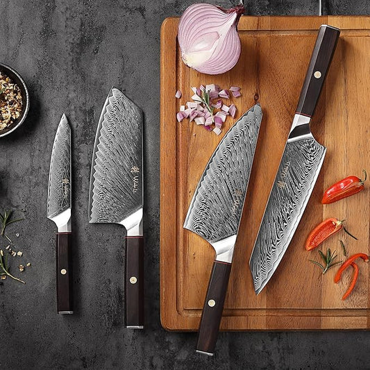 Wakoli Culinary Asia Damascus 4-Piece Knife Block Set with Magnetic Block – Professional Kitchen Knives made of 67-Layer Damascus Steel Blades & VG10 Core – Ergonomic Dark Oak Wood Handles in Gift Box