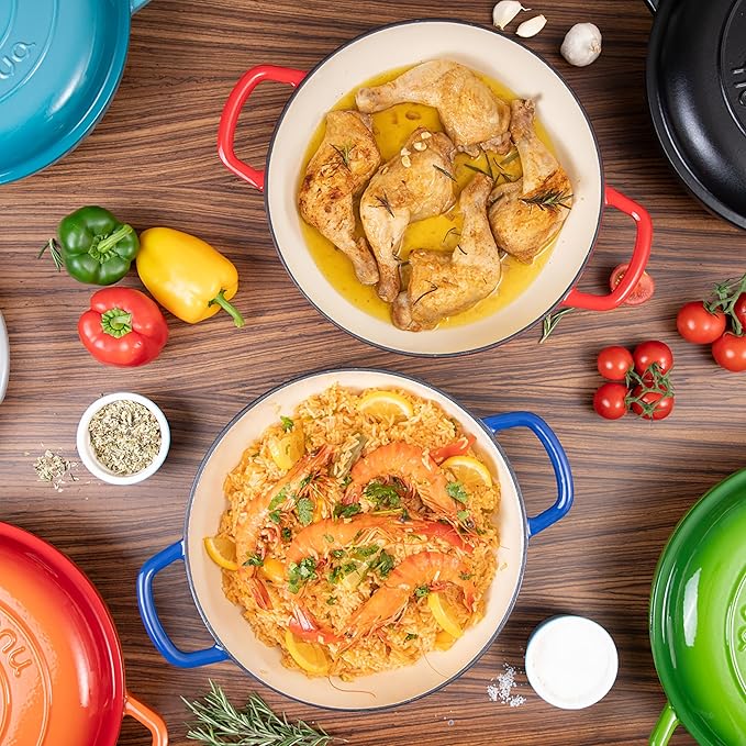 Shallow Cast Iron Casserole with Lid – Non Stick Dutch Oven Pot, Oven Safe up to 500° F – Sturdy Ovenproof Stockpot Cookware – Enamelled Cooking Pot – Grey, 5-Quart, 32cm – by Nuovva