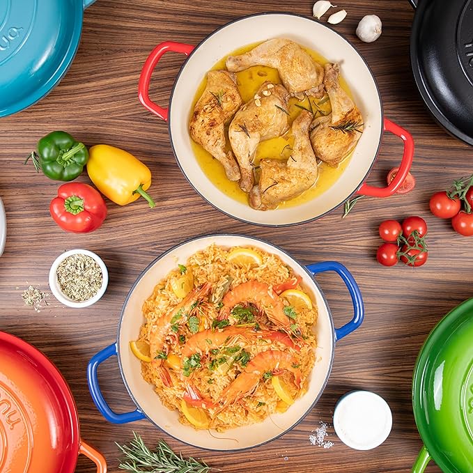 Shallow Cast Iron Casserole with Lid – Non Stick Dutch Oven Pot, Oven Safe up to 500° F – Sturdy Ovenproof Stockpot Cookware – Enamelled Cooking Pot – Black, 5-Quart, 32cm – by Nuovva