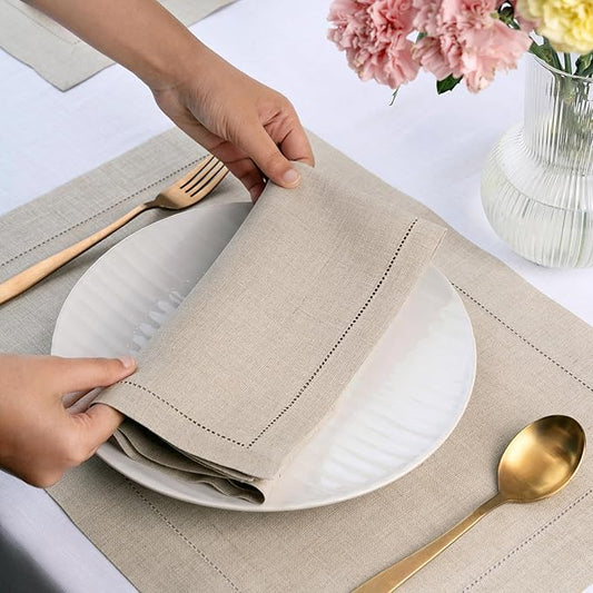 D'Moksha Homes Natural Linen Napkins Set of 8 - Classic Hemstitch 100% Pure Linen Hemstitch Dinner Napkins 20 x 20 Inch for Valentines, Spring, Easter - Handcrafted and Machine Washable