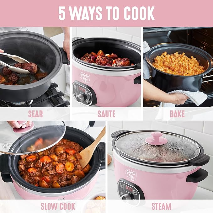 GreenLife 6QT Slow Cooker, Non-Toxic PFAS-Free Ceramic Nonstick Removable Interior Bowl, Programmable, Family Friendly, Keep Warm, Stovetop & Oven Safe, Dishwasher Safe Crock, Timer, Glass Lid, Pink