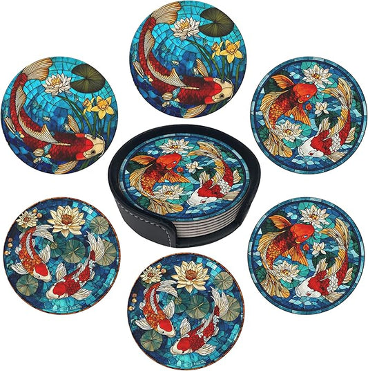 Fish Coasters Leather Round Drink Coasters 6 Pcs Set with Holderor for Cup Drink Coffee Table Bar Home Decor