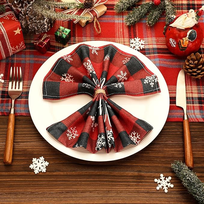 24 Pcs Christmas Plaid Cloth Napkins Buffalo Gingham 15 x 15 Inches Snowflakes Black and Red Checked Cotton Dinner Napkins Soft Absorbent Washable for Holiday Winter Xmas Party
