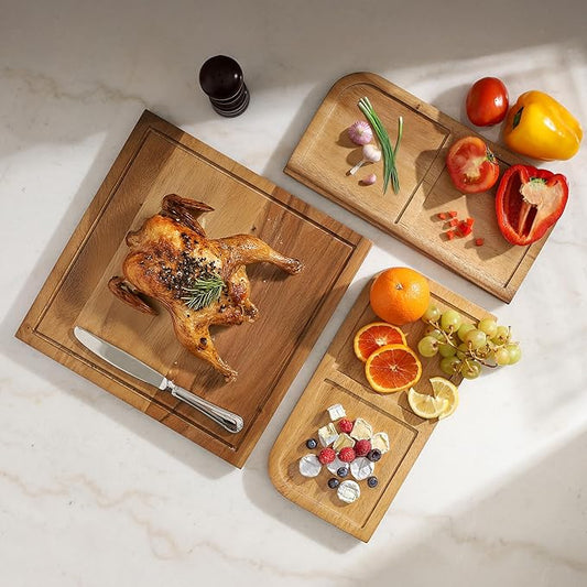 Sango Acacia Cutting Board Set with Juice Grooves and Partitions for Serving, 3-Piece- Wood Chopping Boards, Stackable & Reversible for Kitchen, Non-Toxic, Perfect as Butcher Block Countertop, Atelier