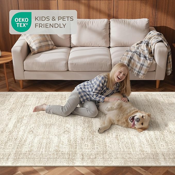 4x10 Runner Rug, Washable Hallway Runner Rug with Non-Slip Backing, Low Pile Wide Runner for Living Room, Entryway, Kitchen, Soft Modern Home Decor Mat for Dining Room(4'x10', Beige/Ivory)
