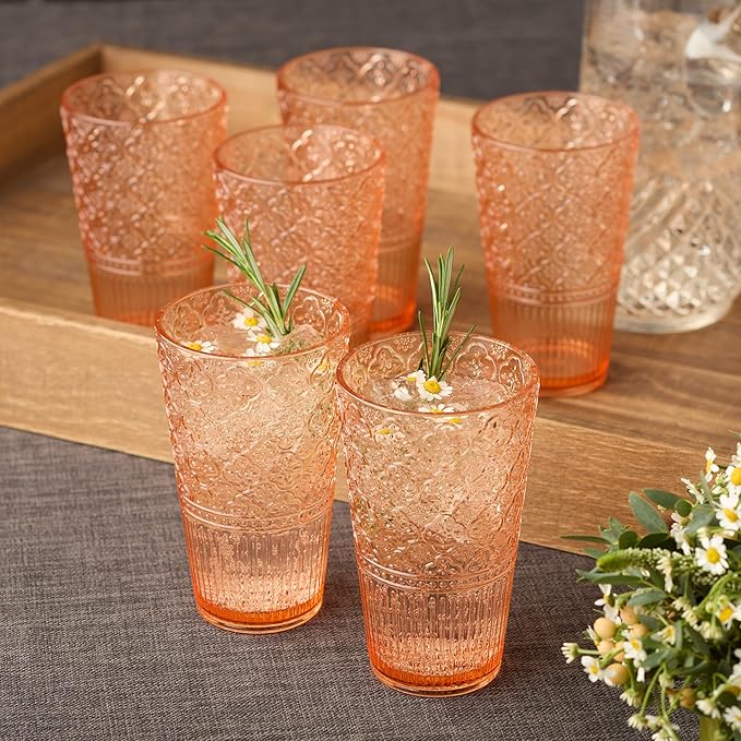Victoria Blush Set of 6 Premium Acrylic Ice Tea Glass 22 oz – Unbreakable Glassware with Elegant Embossed Design, Dishwasher Safe for Indoor & Outdoor Use
