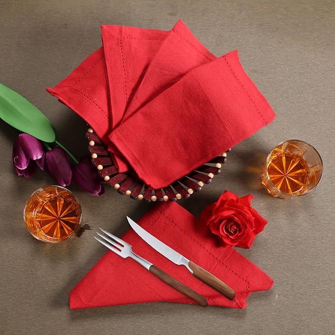 LFH Home Hemstitched Cloth Dinner Napkins 18x18 Inch Set of 12 - Reusable 100% Cotton Machine Washable Cocktail Napkins with Metered Corners for Daily, Party, Wedding, Bar Use - Red