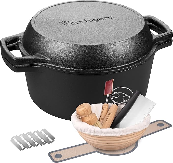 VORRINGARD Pre-seasoned Cast Iron Double Dutch Oven Pot with Skillet Lid, Dual-handle, for Bread Baking, Outdoor, Campfire Cooking, include Sourdough Bread Baking Supplies like Banneton Bread Proofing Basket, 5 Quart