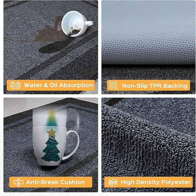 Kichen Rugs 24" x 96", Non-Slip Machine Washable Kitchen Runner Rugs Floor Mats, Absorbent Comfort Standing Mats for Kitchen, Sink, Laundry and Hallway, Bluish Grey & Charcoal