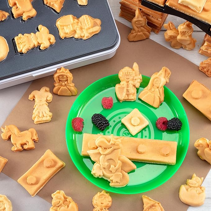Fantasy Castle Waffle Maker- Bake & Build Castle of Waffles or Pancakes Shaped Like Bricks Knights Princesses Dragons & More- Electric Nonstick Iron w 4 Removable Dishwasher Safe Plates- Kids Gift