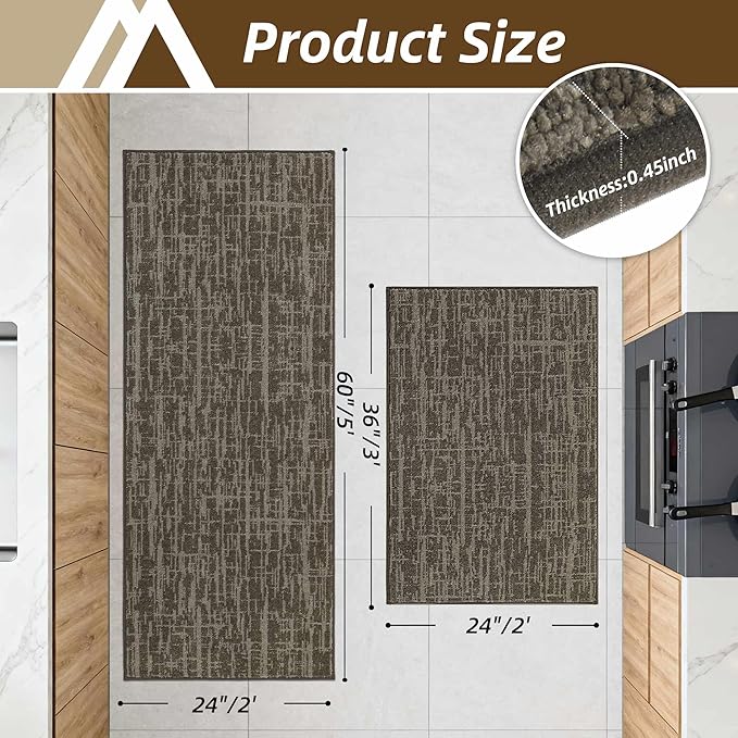 COSY HOMEER Kitchen Rugs Non Slip Washable 24"x36"+24"x60",Absorbent Soft Kitchen Mats for Floor,Polyester Kitchen Runner Rug Sets of 2,Kitchen Floor Mats for Sink Mat,Hallway,Laundry,Light Brown