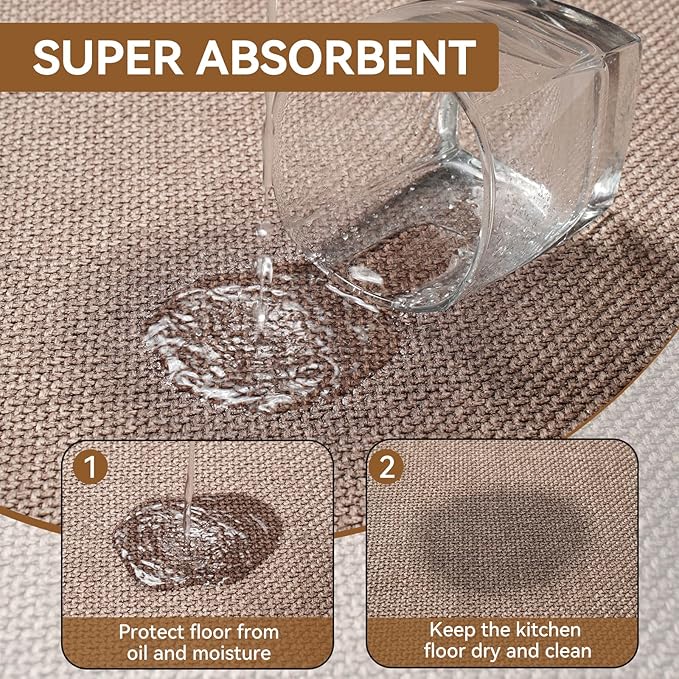 Kitchen Mat Kitchen Rugs Sets of 2 PCS Non Slip Washable, Linen-Like 0.3" Thick Cushioned Absorbent Kitchen Mats for Floor, Mild Anti-Fatigue Sink Laundry Standing Mat, Brown 17"x30"+17"x47"