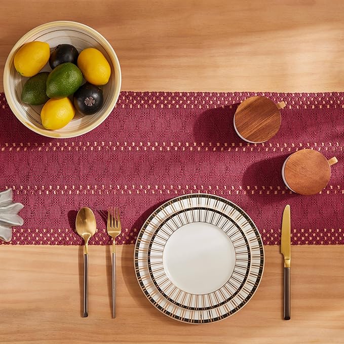 ZeeMart Macrame Style Boho Table Runner, Burgundy Red Table Runners 36 Inches Long, Farmhouse Woven Home Decor, 12x36 Inch, Burgundy