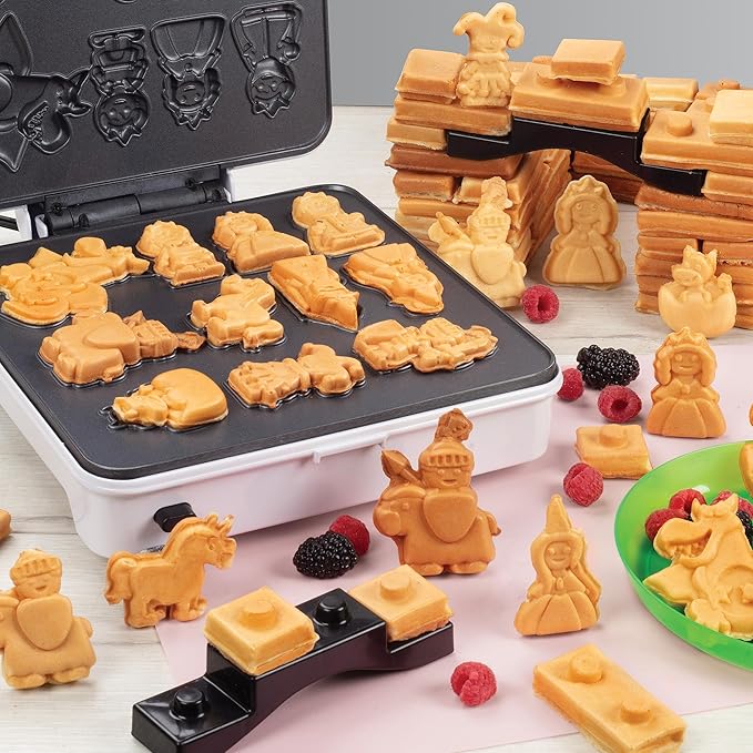 Fantasy Castle Waffle Maker- Bake & Build Castle of Waffles or Pancakes Shaped Like Bricks Knights Princesses Dragons & More- Electric Nonstick Iron w 4 Removable Dishwasher Safe Plates- Kids Gift
