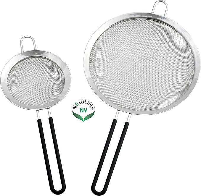 Newline NY Premium Double Stainless Steel Fine Mesh Strainers with Soft-touch Anti-slip Silicone-coated Handle 2 pcs Set
