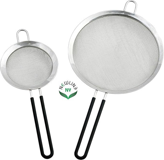 Newline NY Premium Double Stainless Steel Fine Mesh Strainers with Soft-touch Anti-slip Silicone-coated Handle 2 pcs Set