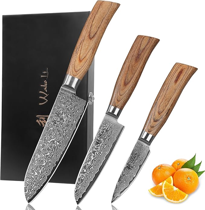 Wakoli EDIB Pro 3-Piece Damascus Kitchen Knife Set in Gift Box – Sharp Knives Set made of Genuine Damascus Steel (VG10 Core) – Santoku, Small Santoku & Paring Knife – Ergonomic Pakkawood Handles