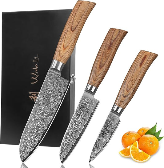 Wakoli EDIB Pro 3-Piece Damascus Kitchen Knife Set in Gift Box – Sharp Knives Set made of Genuine Damascus Steel (VG10 Core) – Santoku, Small Santoku & Paring Knife – Ergonomic Pakkawood Handles