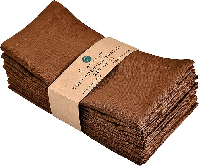Fingercraft Cloth Napkins Set of 12, Cotton Linen Blend Napkins Cloth Washable Premium Quality Parties, Weddings, Mitered Dinner Napkin for Home Parties Christmas Thanksgiving 18x18 in Brown