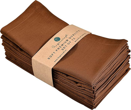 Fingercraft Cloth Napkins Set of 12, Cotton Linen Blend Napkins Cloth Washable Premium Quality Parties, Weddings, Mitered Dinner Napkin for Home Parties Christmas Thanksgiving 18x18 in Brown