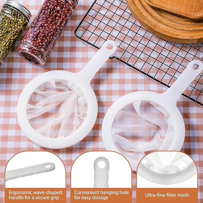 2 Pack Ultra Fine Nylon Mesh Strainer with Handle 120/200 Small Kitchen Colander Plastic Mesh Sieve for Filtering Yogurt Juice Milk Honey Coffee Matcha