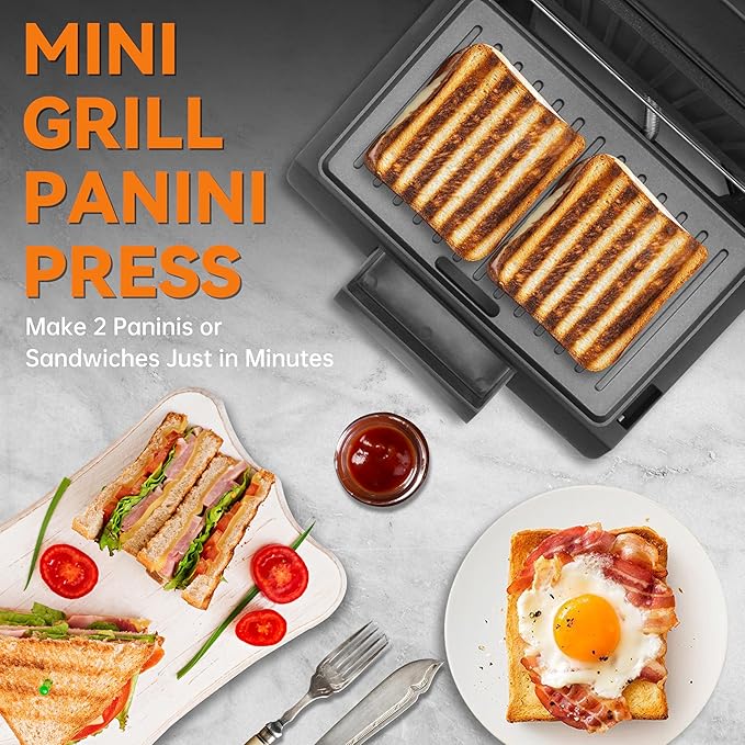 Baker's Friend 2 Slices of Mini Panini Press Electric Grill, Panini Grill Press Sandwich Maker Press, Sandwichera Electrical for Pancakes & Eggs, Oil Tray, Non Stick Surfaces, Stainless Steel