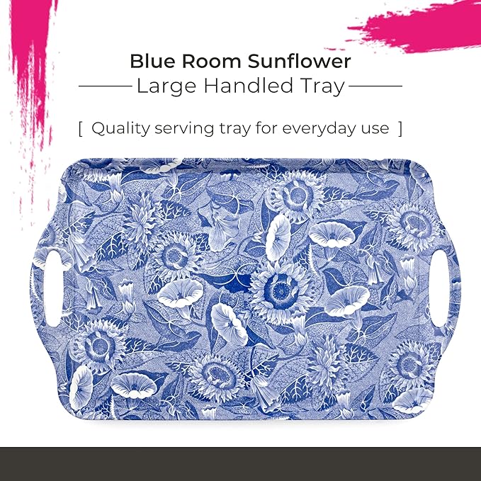 Spode Blue Room Sunflower Large Tray – (18.9" x 11.6") Rectangular Melamine Platter with White Floral Artwork, Durable Decorative Board for Hosting, Snacks, Tea, Food Serving & Entertaining