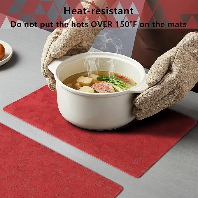 Jovono Faux Leather Placemats Set of 6, 17.8"x11.8", Waterproof & Oil-Proof Table Mats, Easy-Clean Washable Kitchen Place Mats for Dining Table, Fabric Texture, Red Mat