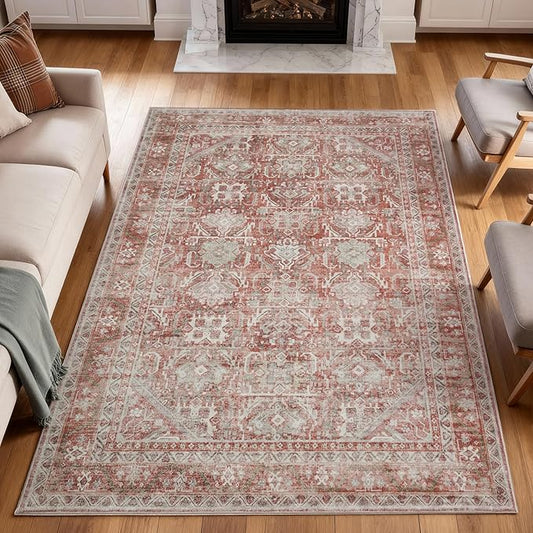 Kuden 8x10 Large Area Rug, Machine Washable Area Rug with Non-Slip Backing, Vintage Style, Soft, Easy Clean, Low Pile Rug for Living Room, Bedroom, Dining Room
