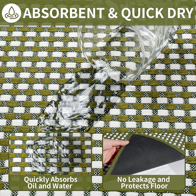 Kitchen Mats for Floor, Super Absorbent Kitchen Rugs Non Slip Washable, Rubber Backing Soft Chenille Braided Kitchen Runner Rug Standing Mat Sink Mat, Easy to Clean, Green 17"x30"