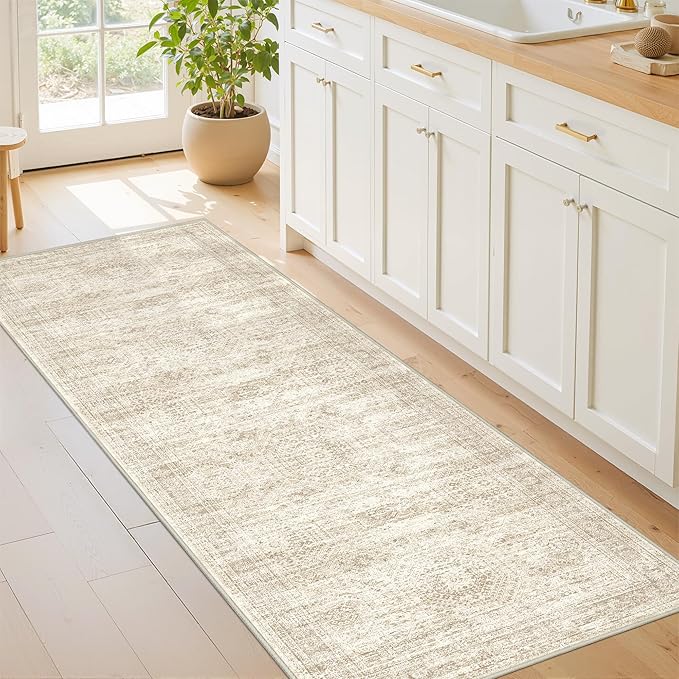 Kitchen Runner Rug Non Slip - 2.5 x 8 Runners for Hallways, Entryway, Bedroom, Washable Runner Rugs for Bathroom, Laundry Room, Low Pile Soft Vintage Area Rug(2.5'x8', Beige/Ivory)