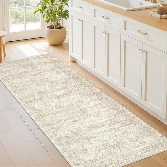 Kitchen Runner Rug Non Slip - 2.5 x 8 Runners for Hallways, Entryway, Bedroom, Washable Runner Rugs for Bathroom, Laundry Room, Low Pile Soft Vintage Area Rug(2.5'x8', Beige/Ivory)