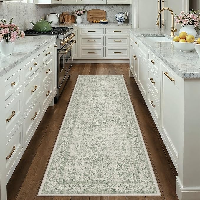 Runner Rug 2x8 Sage Green Hallway Washable Vintage Distressed Kitchen Carpet Non Slip Neutral Low Pile Retro Floral Farmhouse Long Throw Rug Entryway Bathroom Office Laundry Dining Room