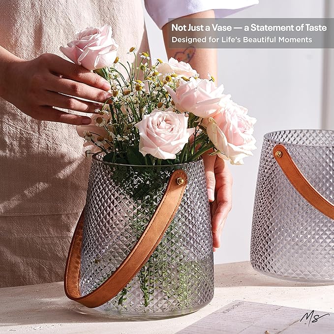 Nordic Handcrafted Glass Flower Vase with Vegan Leather Handle – Diamond Pattern Design – Modern Decorative Centerpiece – Elegant Gift for Weddings, Housewarming, Anniversaries – Stylish Home Décor