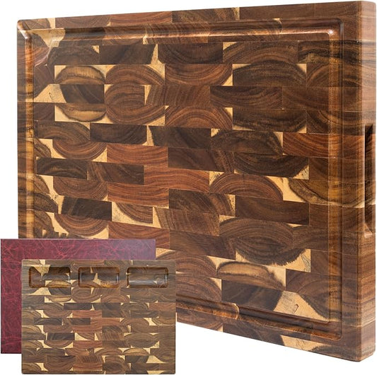End Grain Cutting Board - Acacia Wood Double-Sided Butcher Block for Kitchen with Juice Groove & 3 Pockets, Durable Wooden Chopping Board, Wood Cutting Boards for Kitchen & Meal Prep (Brown)