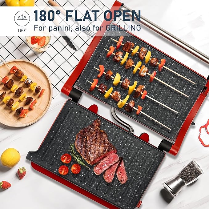 SUSTEAS Panini Press Sandwich Maker and 304 Stainless Steel Electric Indoor Grill, Easy Clean Nonstick Grids, Opens 180°/105° to Fit Any Type or Size of Food, Homemade BBQ, Red