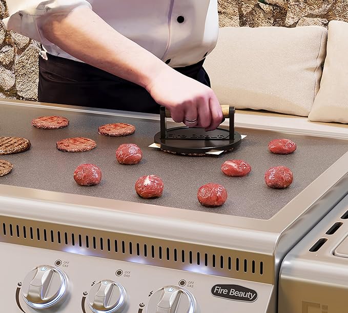 Fire Beauty Burger Press,Cast Iron 6.5" Enamel Surface Grill Press with Wood Handle,Food-Grade Smash Burger Press for Seared Bacon, Steak&Burger
