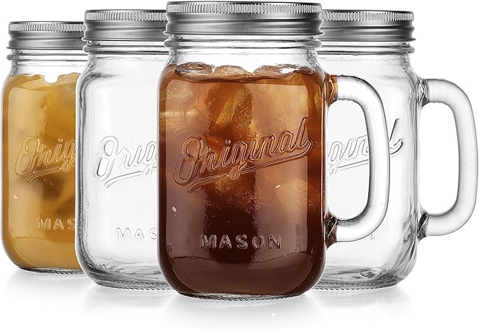 Glaver's Mason Jar 16 Oz. Glass Mugs with Handle and Lid Set Of 4 - Home Essentials & Beyond - Old Fashioned Drinking Glass Bottles Original Mason Jar Pint Sized Cup Set.