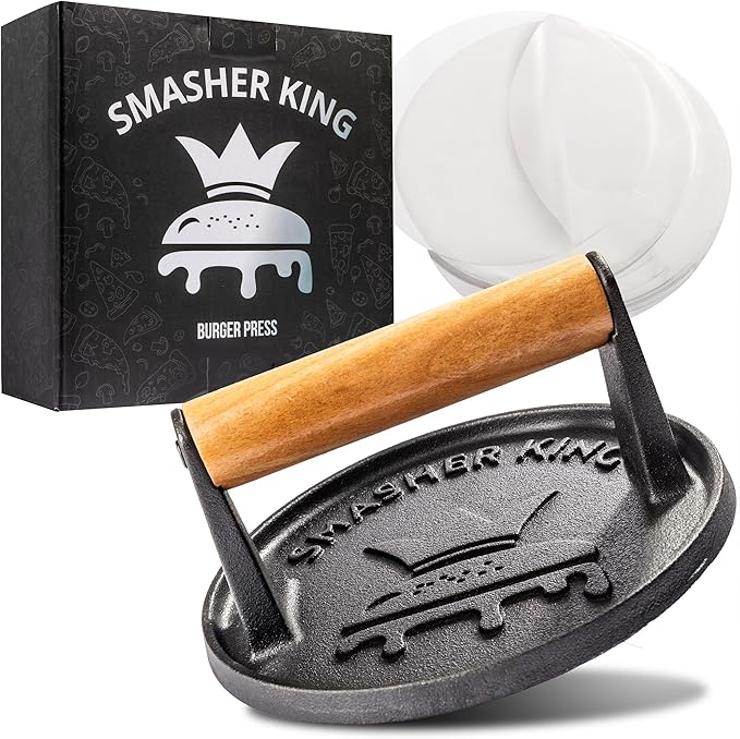 SMASHER KING™ - Smash Burger Press - Cast Iron Burger Smasher And Hamburger Patty Maker - Smash Burger Kit With 25 Sheets Of Paper - Grill Press And Steak Weight For Heavy Meat Smasher Cooking Results
