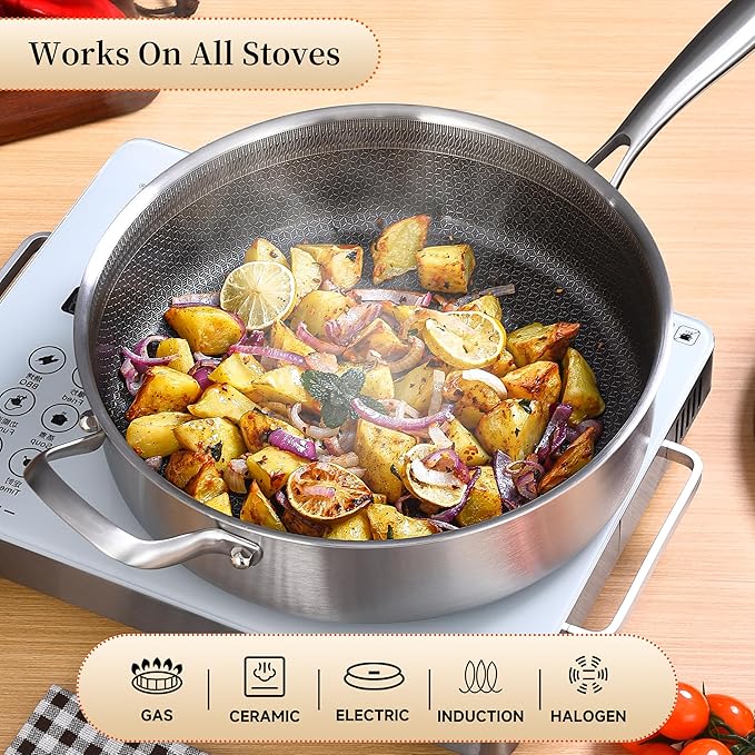 LOLYKITCH 5 QT Hybrid Ceramic Coating Non Stick Tri-Ply Stainless Steel Sauté Pan with Lid, 12 Inch Deep Frying Pan PFOA & PFOS Free,Induction Cooking Pan, Dishwasher and Oven Safe
