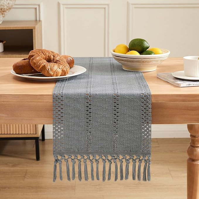 ZeeMart Macrame Style Boho Table Runner, Blue Grey Table Runners 36 Inches Long, Farmhouse Woven Home Decor, 12x36 Inch, Light Blue Grey