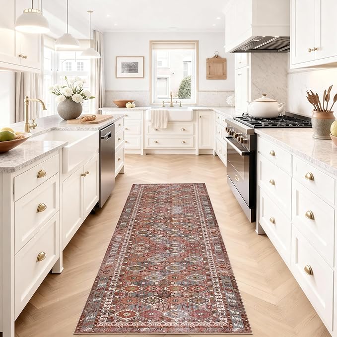 Kuden 2'6"x12 Runner Rug, Machine Washable Area Rug with Non-Slip Backing, Vintage Style, Soft, Easy Clean, Low Pile Rug for Hallway, Entryway, Kitchen, Bedroom