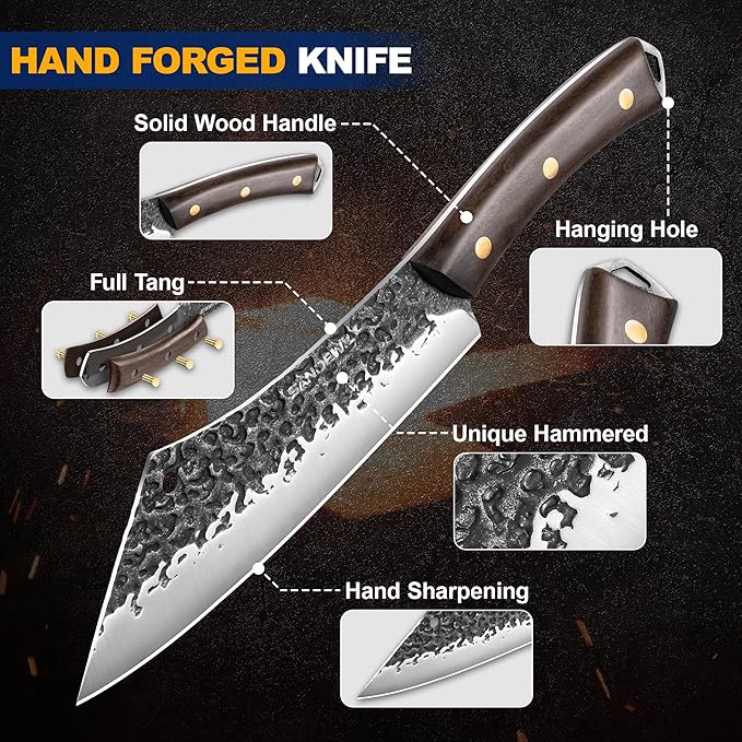 4-Piece Butcher Knife Set with 7” Cleaver, 8” Chef Knife, 8” Nakiri & 5” Utility Knife – Hand Forged Full Tang Kitchen Knives with Sharpening Stone for BBQ, Meat, Veggies & Outdoor Cooking