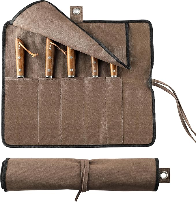 VRUIFA Chef’s Knife Roll Bag, Portable Canvas Cases, Chef Bag With 5 Slots Pockets Can Hold Kitchen Knife Tools Up To 15 Inch