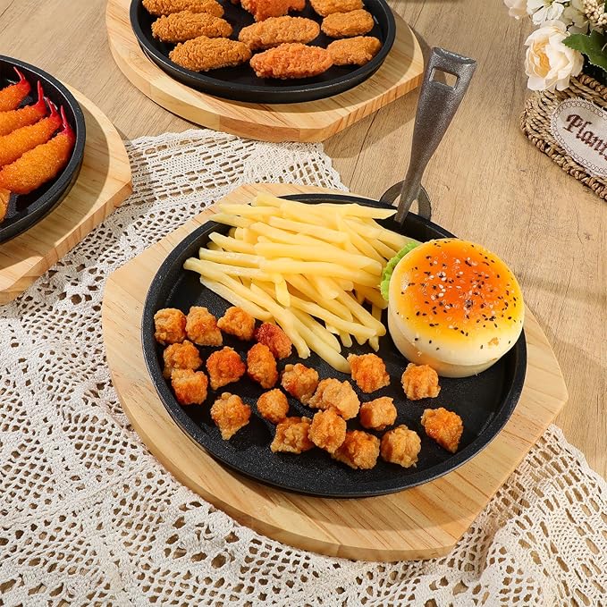Mimorou 4 Set 10.3 Inch Cast Iron Fajita Plate Set with Wooden Base Anti Scald Protection Removable Handle Fajita Plate Sizzling Pan Cast Iron Skillets Sets for Home Restaurant Kitchen BBQ Cooking
